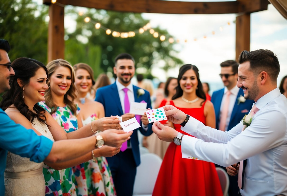 Guests bring colorful wedding cards to the celebration