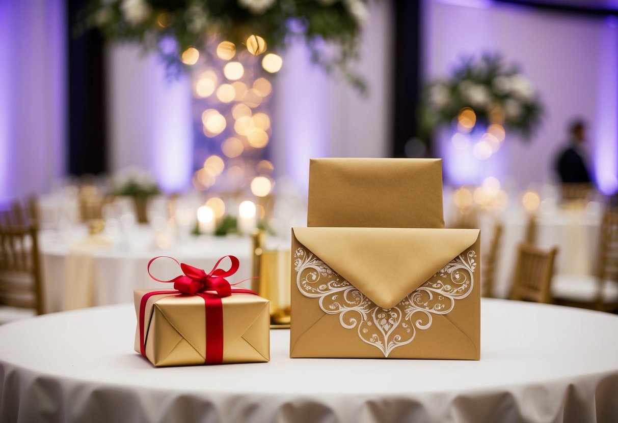 A beautifully wrapped gift and a decorative envelope placed on a table at a wedding reception