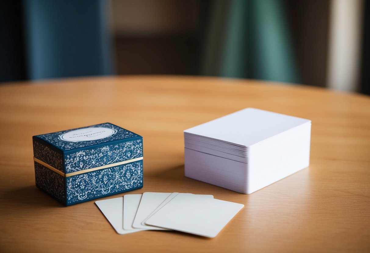 A table with a decorative card box and a stack of blank cards