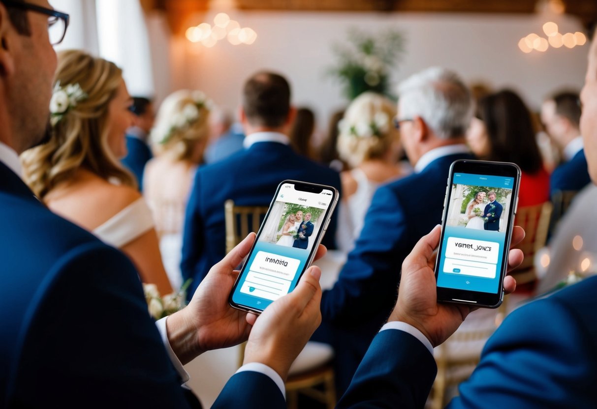 Guests using digital devices to send virtual cards to a wedding