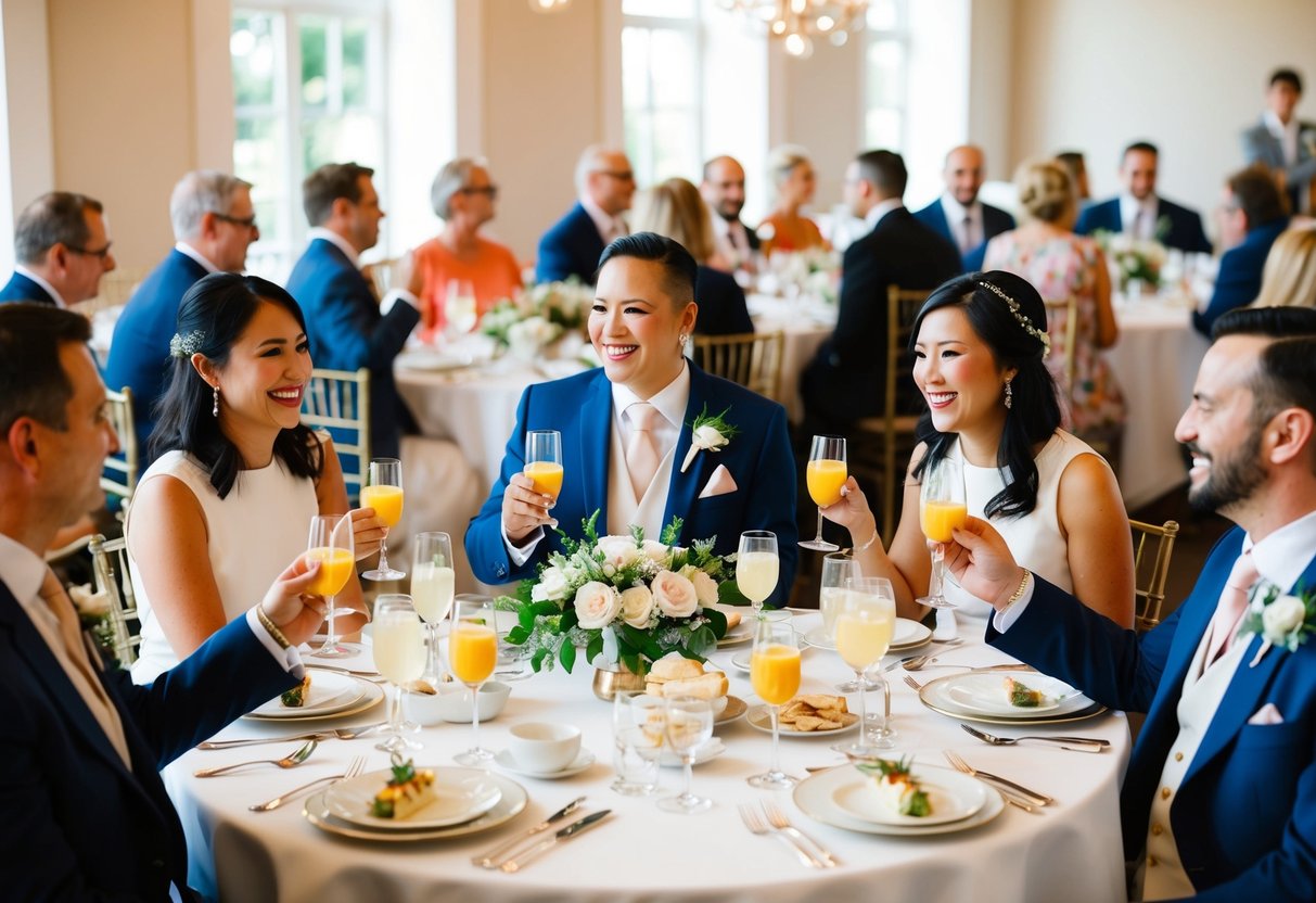 Guests enjoying a post-wedding brunch, seated at round tables with elegant place settings, sipping mimosas and chatting happily