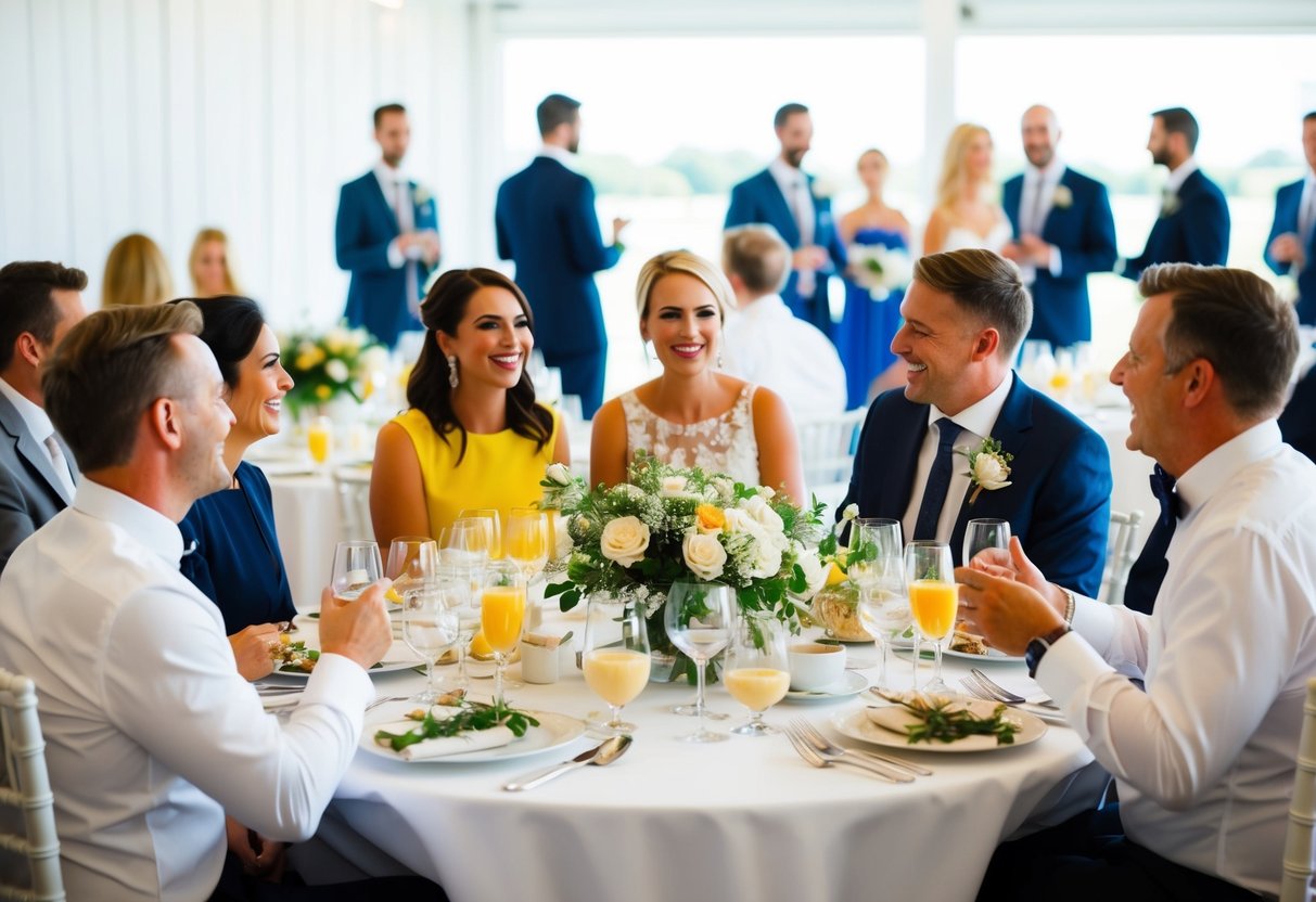 Guests enjoying a post-wedding brunch, seated at tables with elegant place settings, chatting and laughing in a bright and airy space