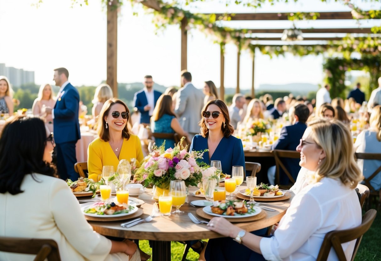 A sunny outdoor brunch setting with tables adorned with floral centerpieces and guests mingling and enjoying a delicious spread of food and drinks