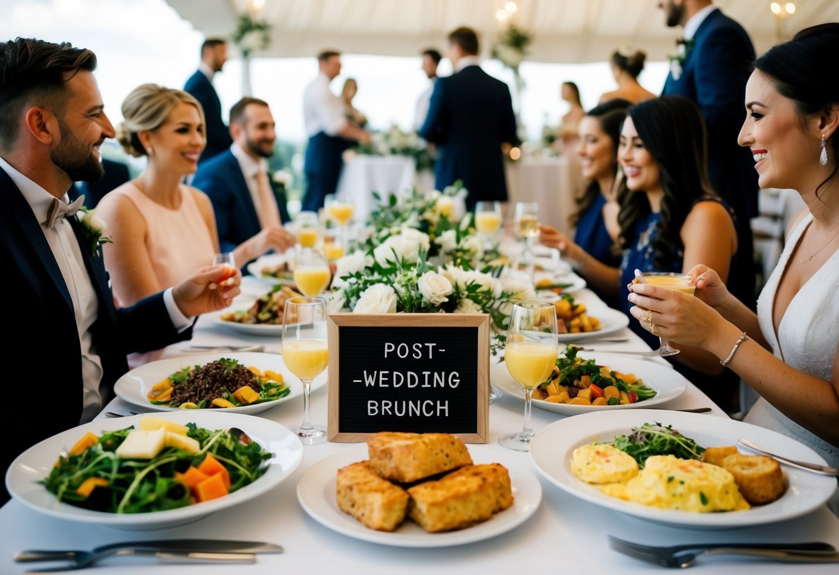 A table with various food and drink options, a sign indicating "Post-Wedding Brunch," and guests mingling and enjoying the meal
