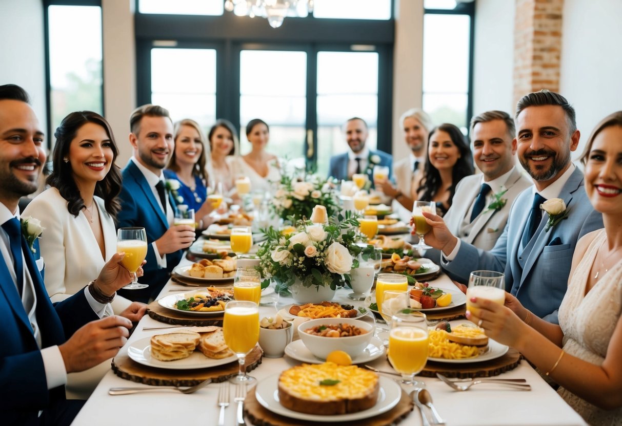 A beautifully set table with a variety of breakfast dishes and drinks, surrounded by happy and relaxed guests enjoying the post-wedding brunch