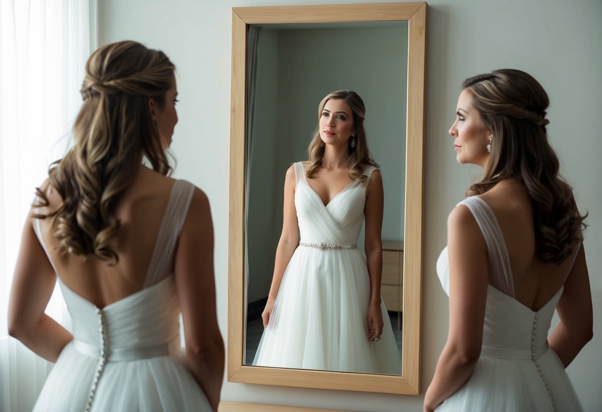 A woman in a flowing wedding dress stands in front of a mirror, contemplating her reflection with a questioning expression