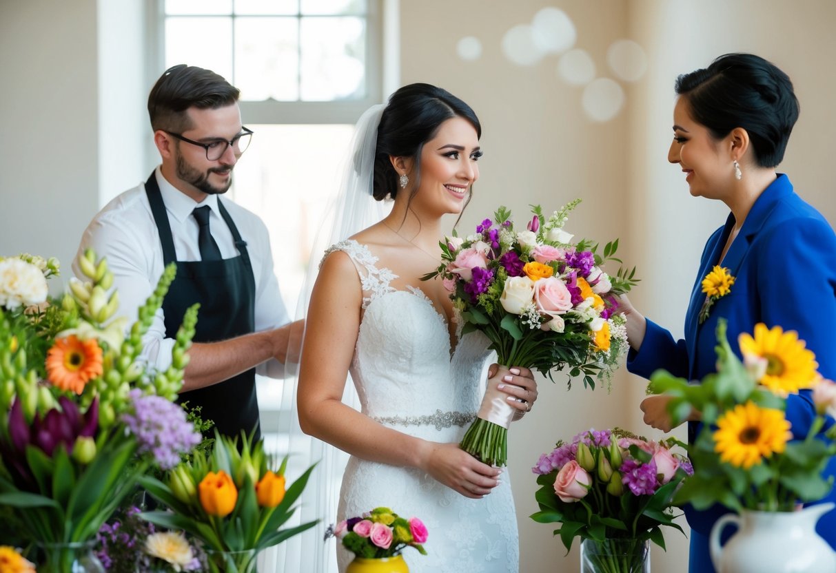 A bride holding a bouquet, surrounded by various types of flowers in different colors and sizes, while a florist offers advice