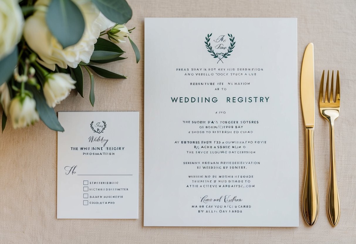 A couple's wedding invitation with a small card indicating the wedding registry information alongside the main invitation