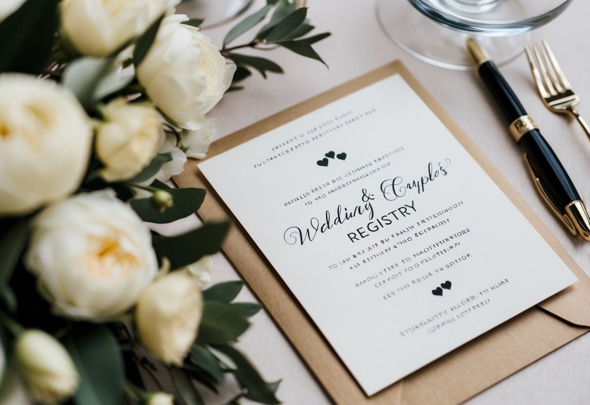 A couple's wedding invitation with a small note directing guests to their wedding registry