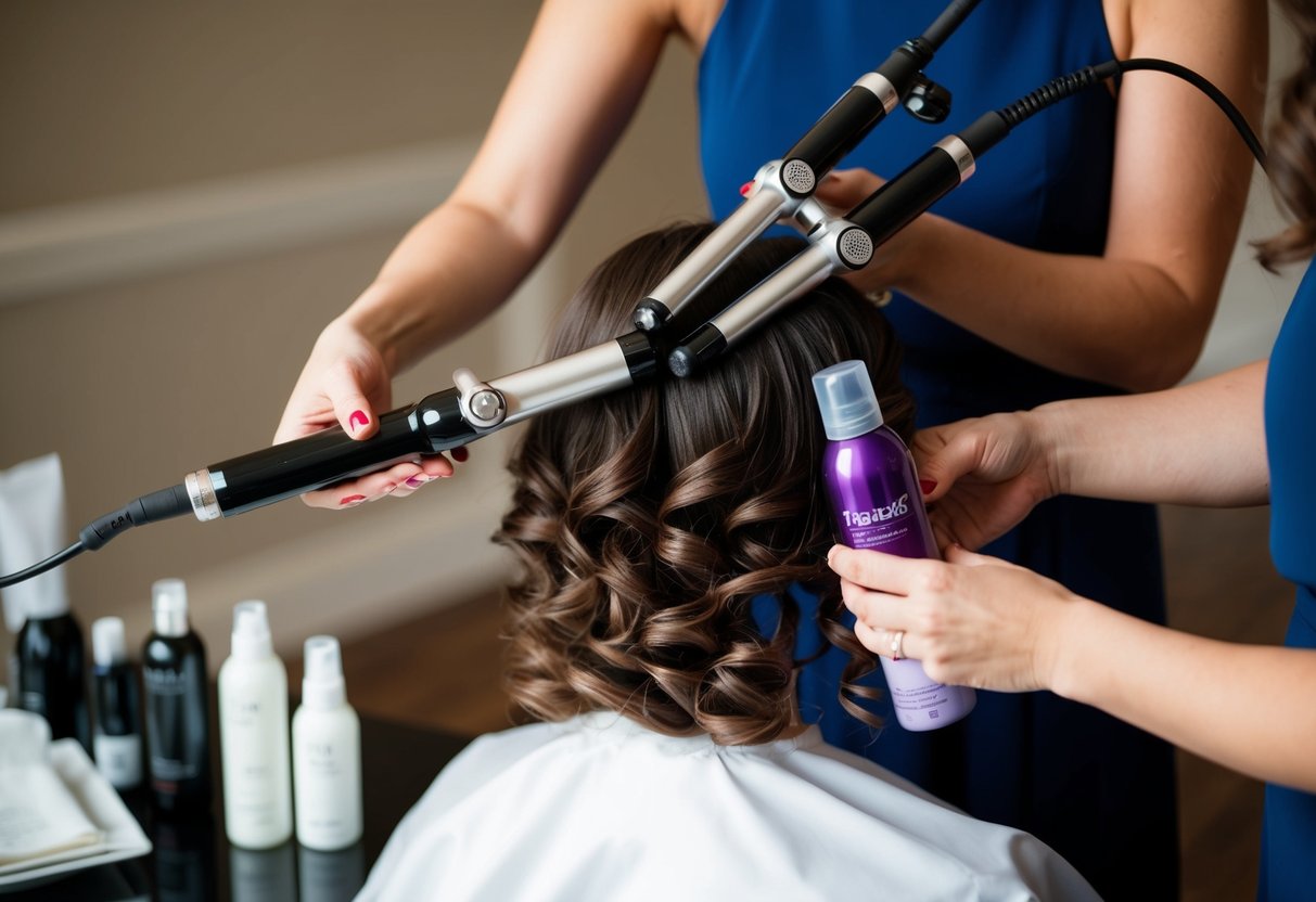 A woman's hair is being styled with curling irons and hair products in preparation for a wedding