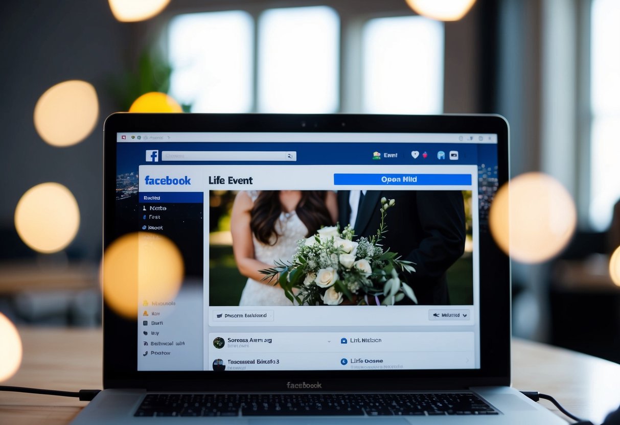 A computer screen with a Facebook page open, showing the "Life Event" option selected and the "Got Married" category highlighted