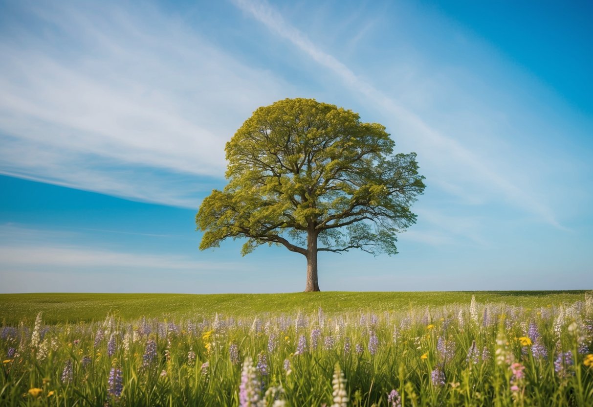 A single tree standing tall in a vast, peaceful meadow, surrounded by blooming flowers and a clear, blue sky overhead