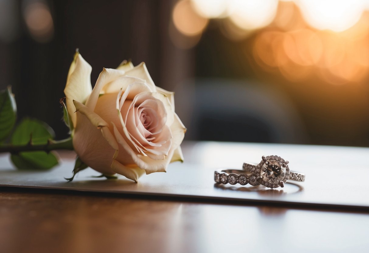 A wedding ring placed next to a single rose on a table