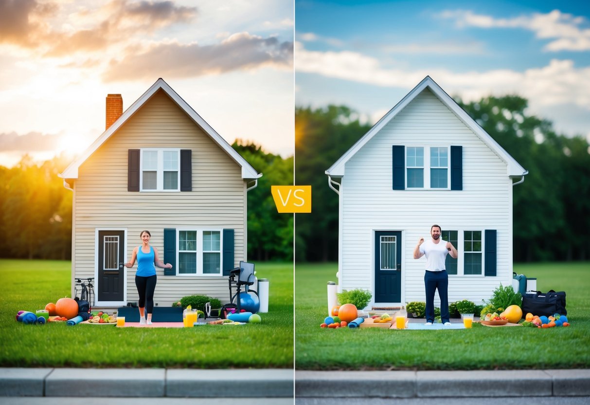 A comparison of two houses, one with a single person living and the other with a married couple, surrounded by different lifestyle elements such as exercise equipment, healthy food, and stress-inducing factors