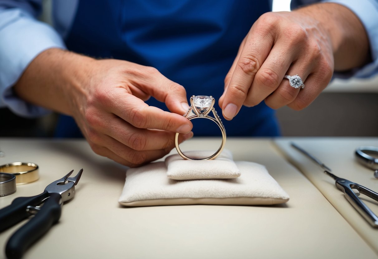 A jeweler adjusting a wedding ring with precision tools on a soft cushioned surface