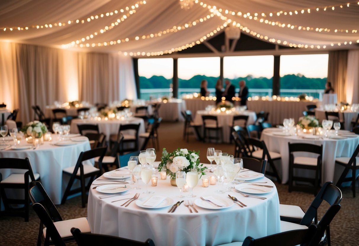 A wedding reception with tables, chairs, and decorations