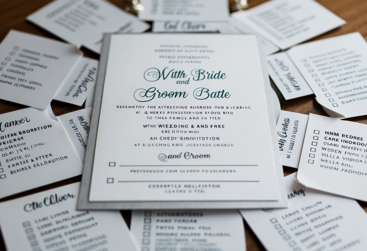 A wedding invitation surrounded by a list of names with checkboxes next to each one, including an empty space for the bride and groom