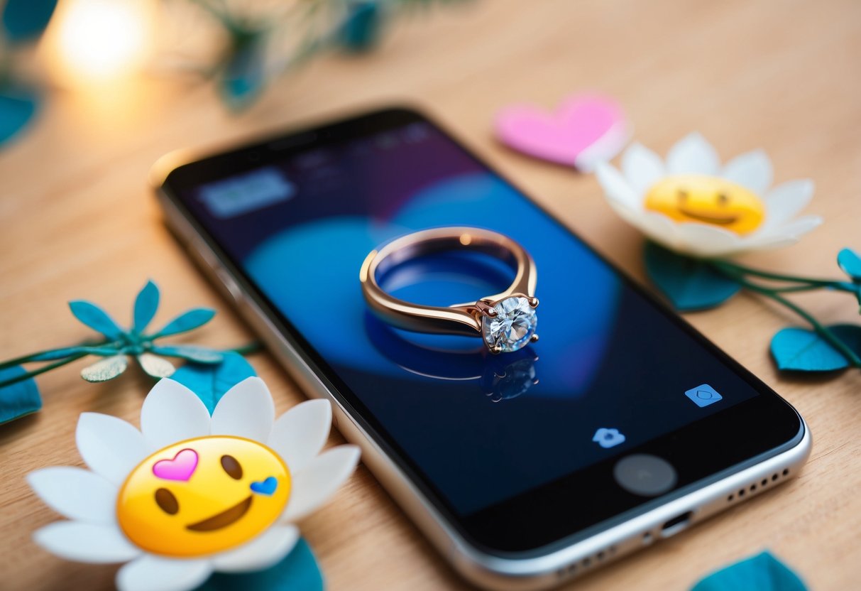 A wedding ring placed on a smartphone screen, surrounded by decorative flowers and a heart-shaped emoji