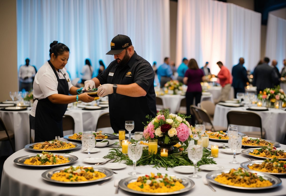 A vendor setting up a banquet table with an array of food and drinks, while another vendor arranges floral centerpieces on the tables