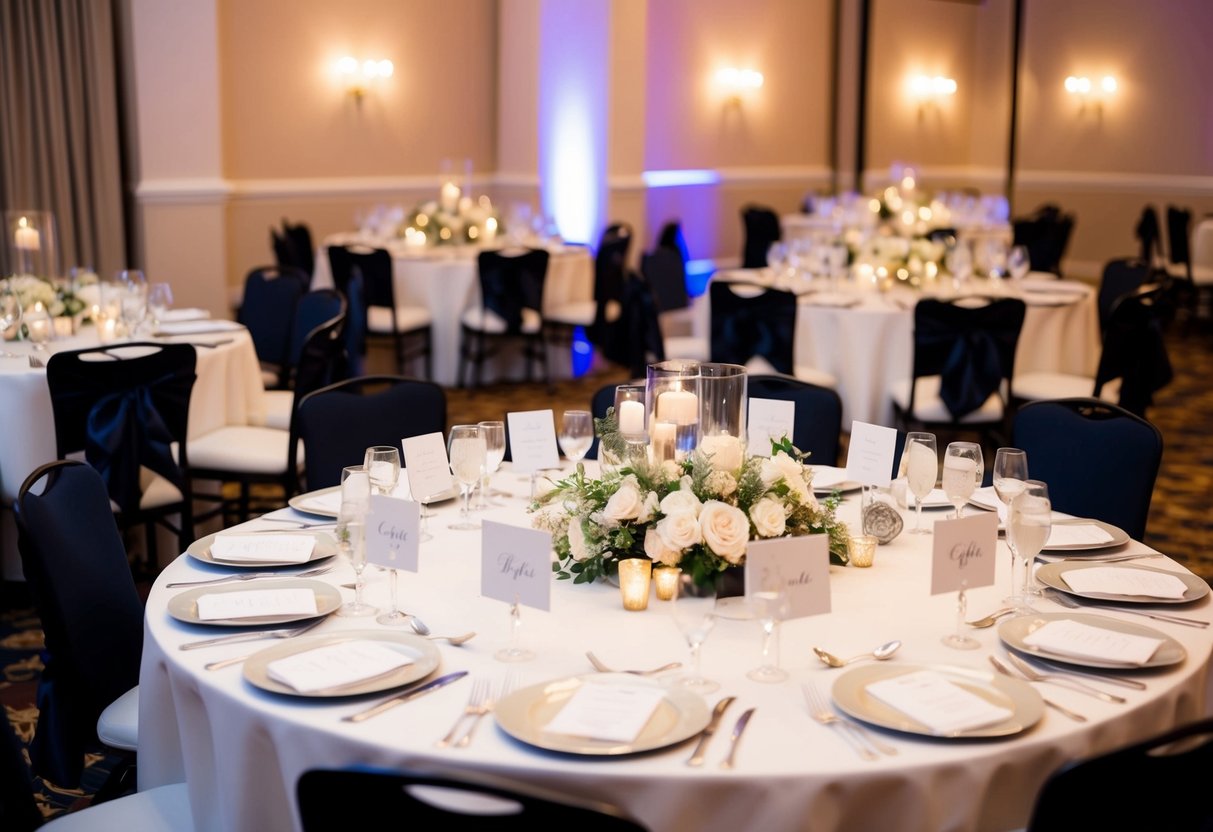 A wedding reception with tables set up and place cards indicating seating arrangements. The bride and groom's table is adorned with special decorations