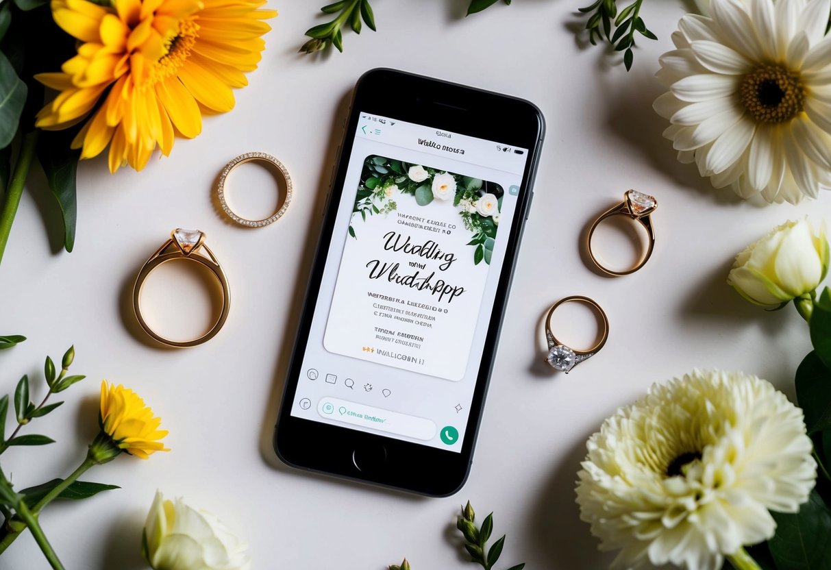 A smartphone displaying a digital wedding invitation on a WhatsApp chat screen, surrounded by decorative elements such as flowers and wedding rings