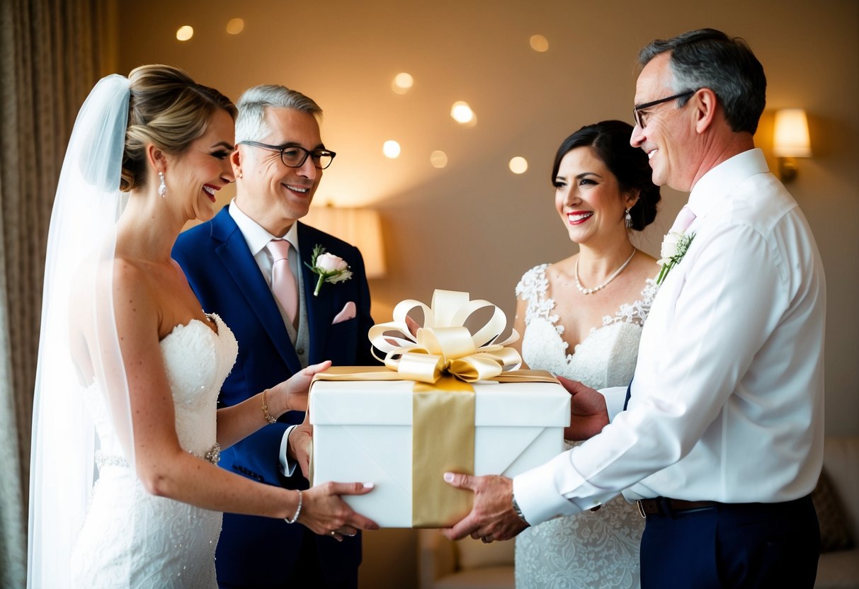 The bride's parents present a beautifully wrapped gift to the newlyweds