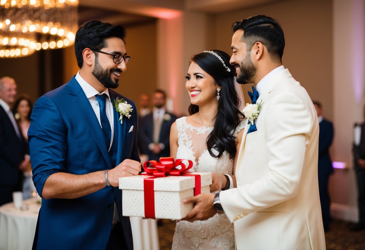 A couple presents a gift to a newlywed couple at a wedding reception