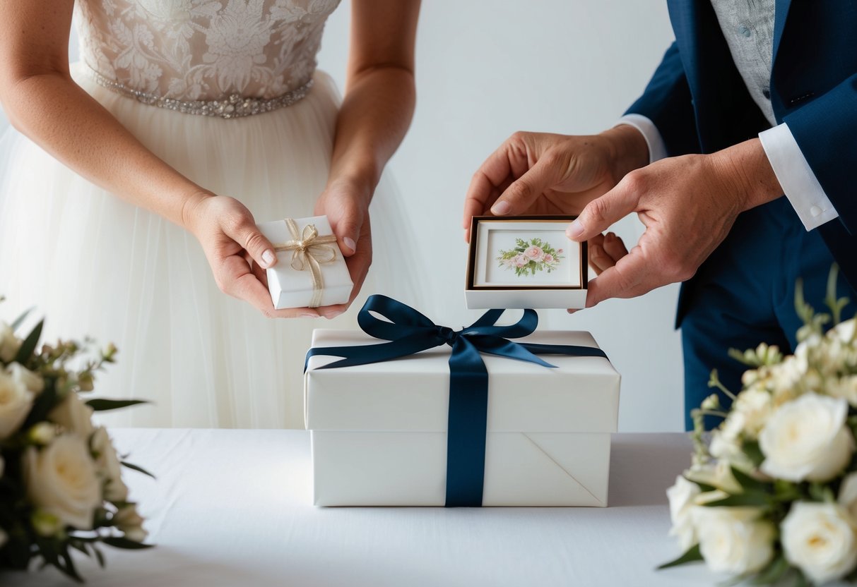 The bride's parents carefully choose a delicate piece of artwork, beautifully wrapped with a ribbon, to present as a wedding gift