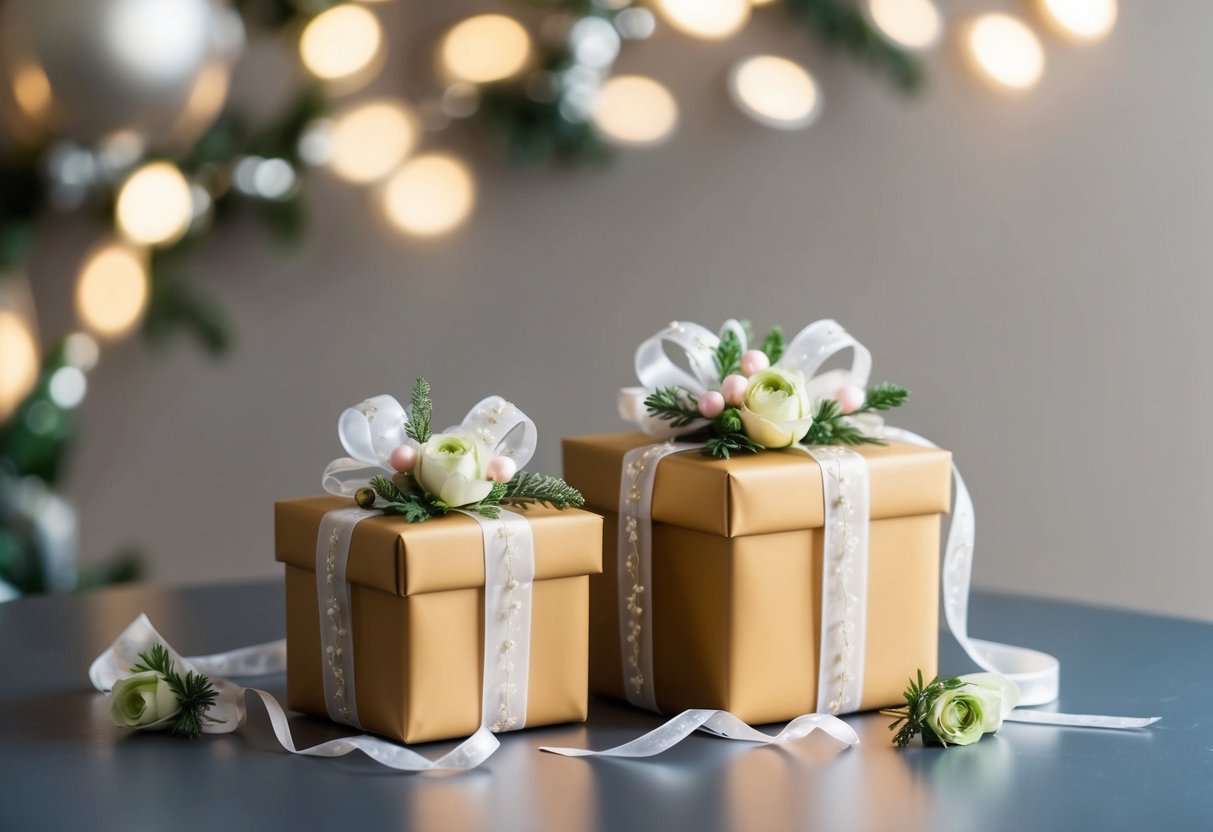 A pair of elegantly wrapped gifts sit on a table, adorned with delicate ribbons and floral accents