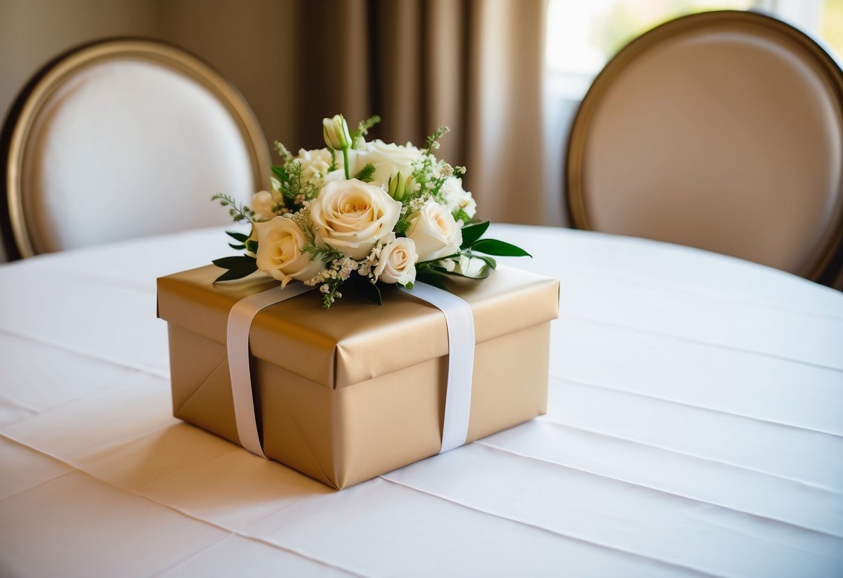 A beautifully wrapped gift box sits on a table, adorned with ribbons and flowers, symbolizing the bride's parents' love and support for the couple