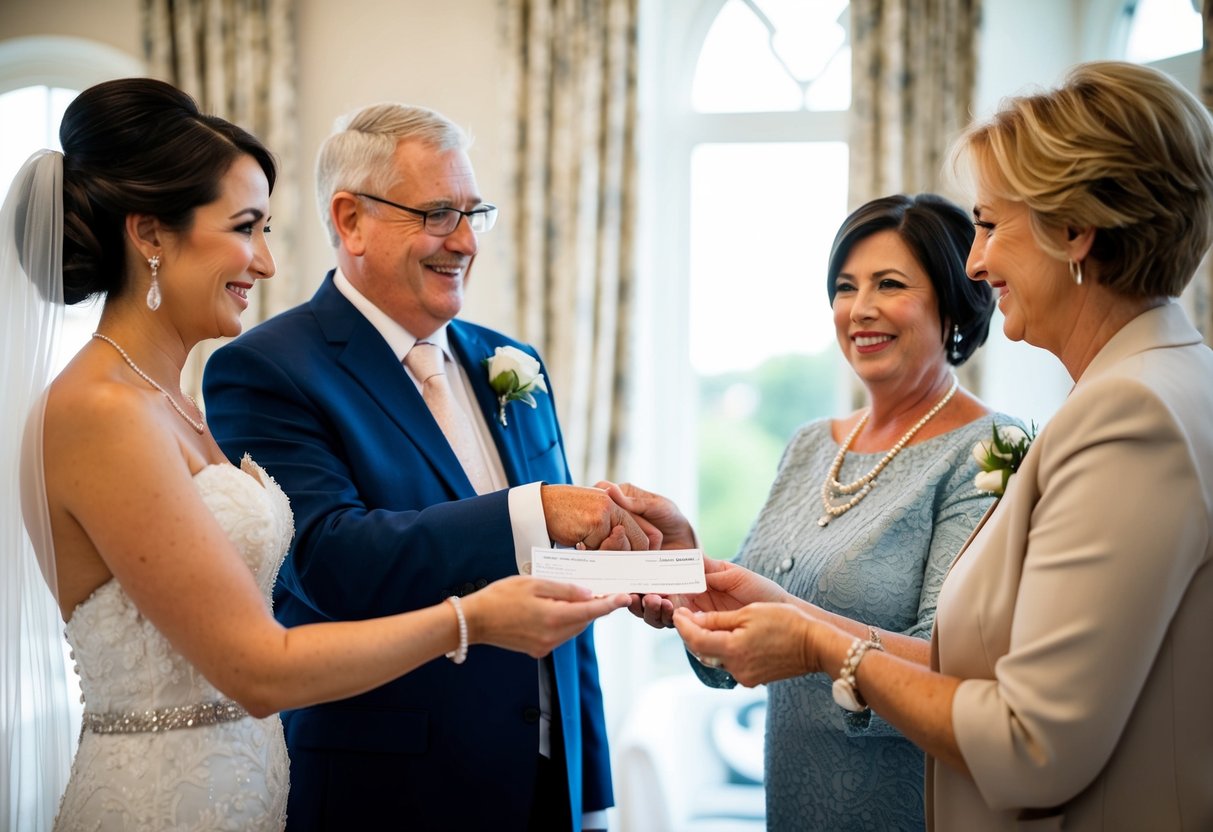A bride's parents handing over a check to a wedding planner