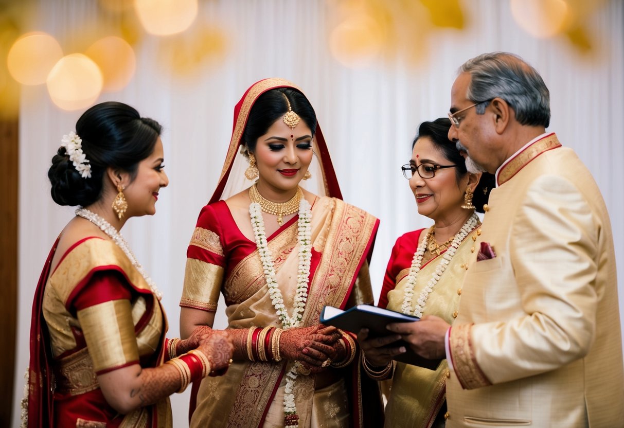 A traditional wedding scene with the parents of the bride discussing financial responsibilities