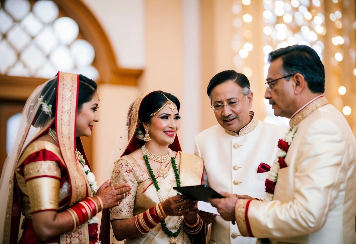 A traditional wedding scene with a bride's parents discussing wedding costs
