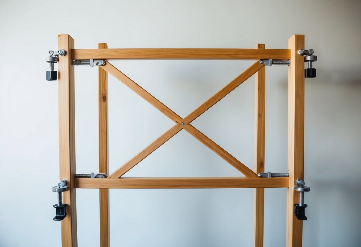 A wooden frame with adjustable crossbars, secured with screws and clamps, stands against a blank wall
