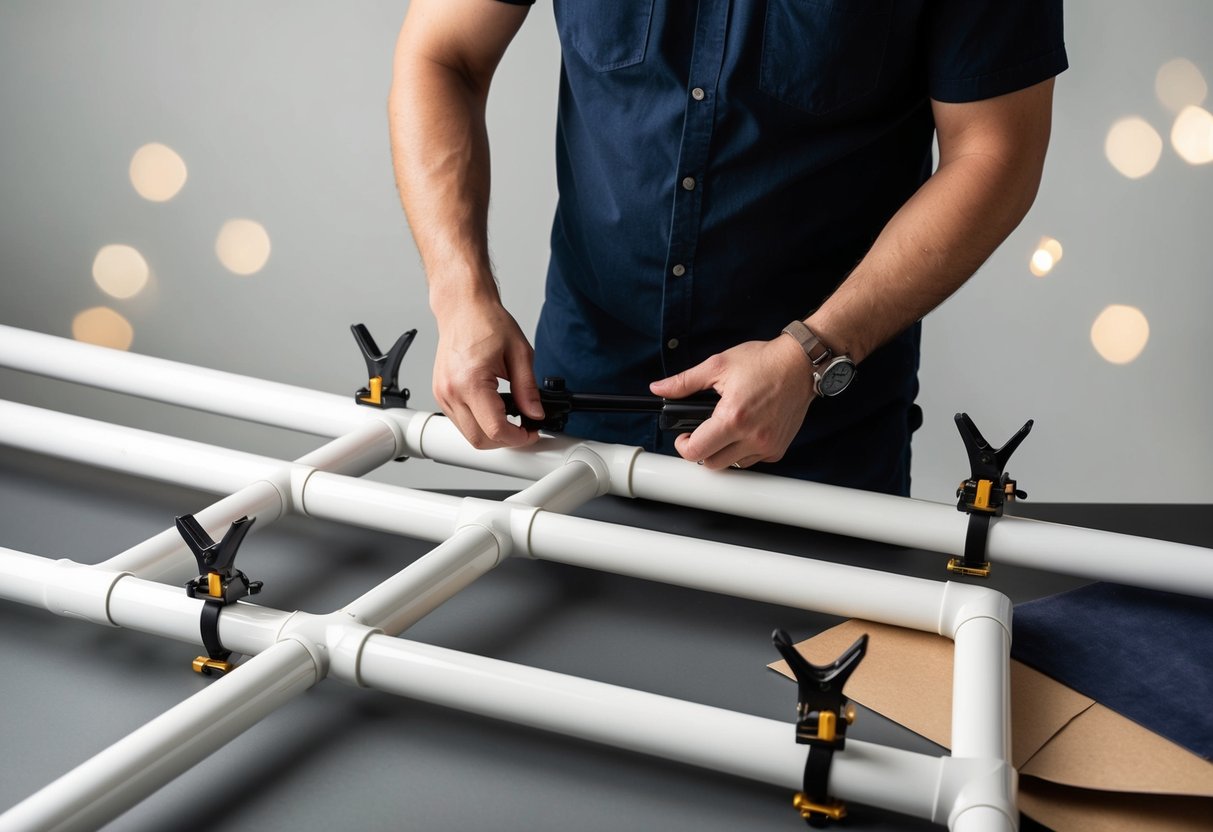 A person assembles PVC pipes into a sturdy frame, adding adjustable crossbars and securing with clamps. Optional fabric or paper is draped and attached for customization