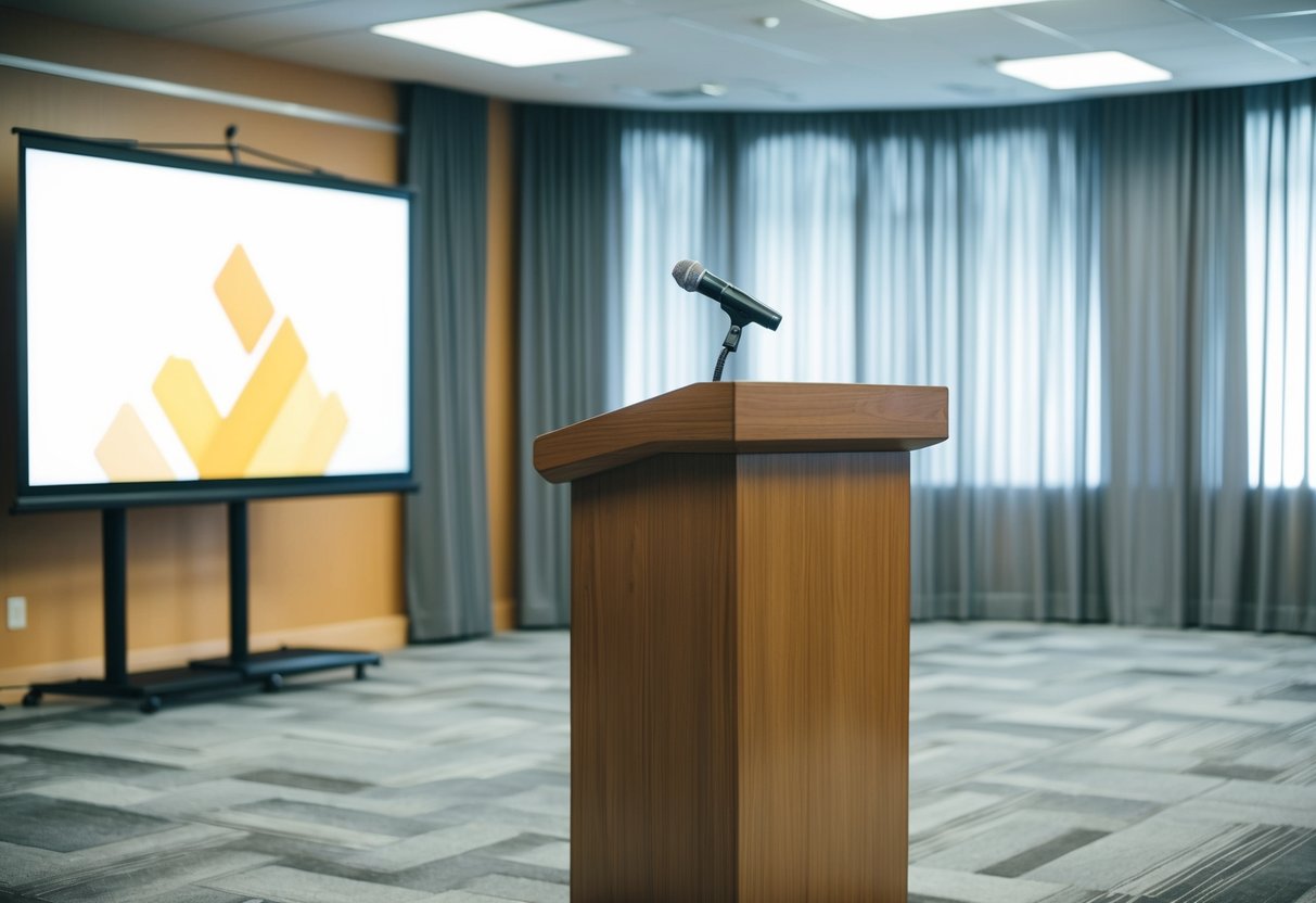 A podium stands in a well-lit room, with a microphone and a large screen behind it, ready for a professional announcement