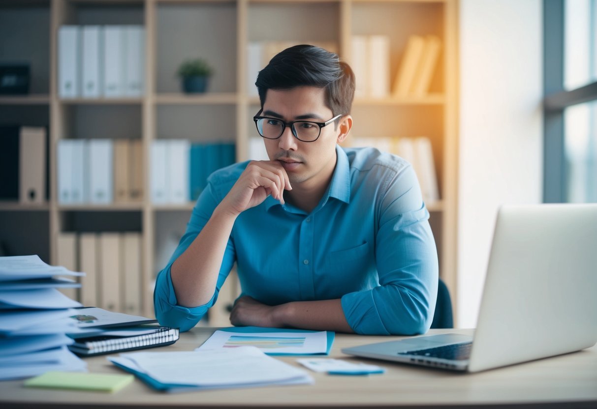 A person at a desk, surrounded by papers and a laptop, deep in thought while brainstorming ideas for an announcement strategy