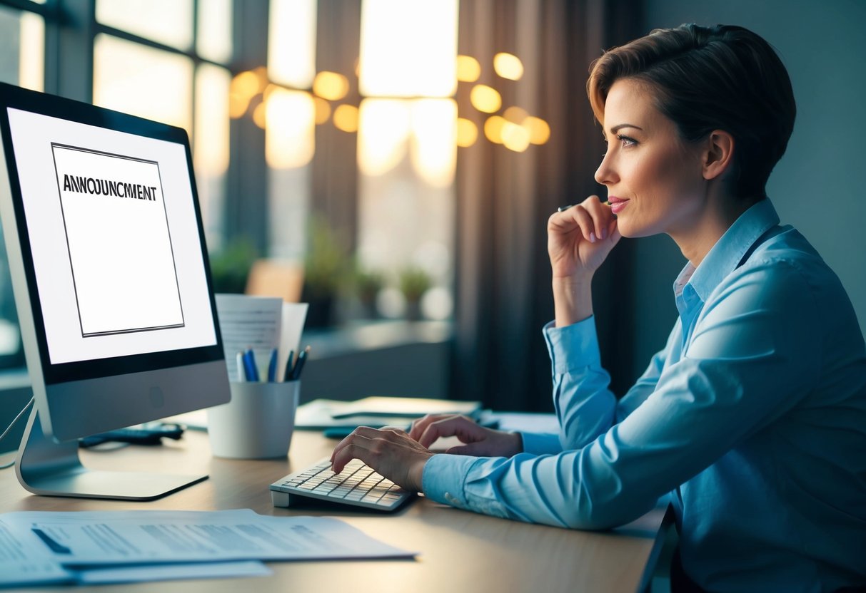 A person sitting at a desk, typing on a computer, surrounded by papers, with a thoughtful expression on their face. A blank announcement template is open on the screen
