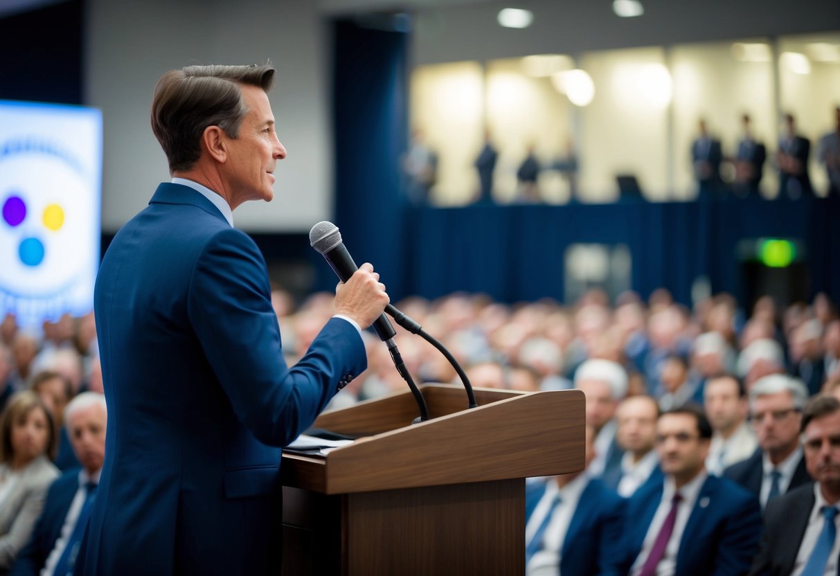 A person standing at a podium with a microphone, addressing a large audience in a professional setting. A banner or logo displayed in the background