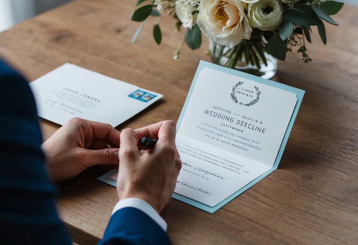 A person receives a wedding invitation in the mail and writes a thoughtful, polite decline on a beautiful stationery