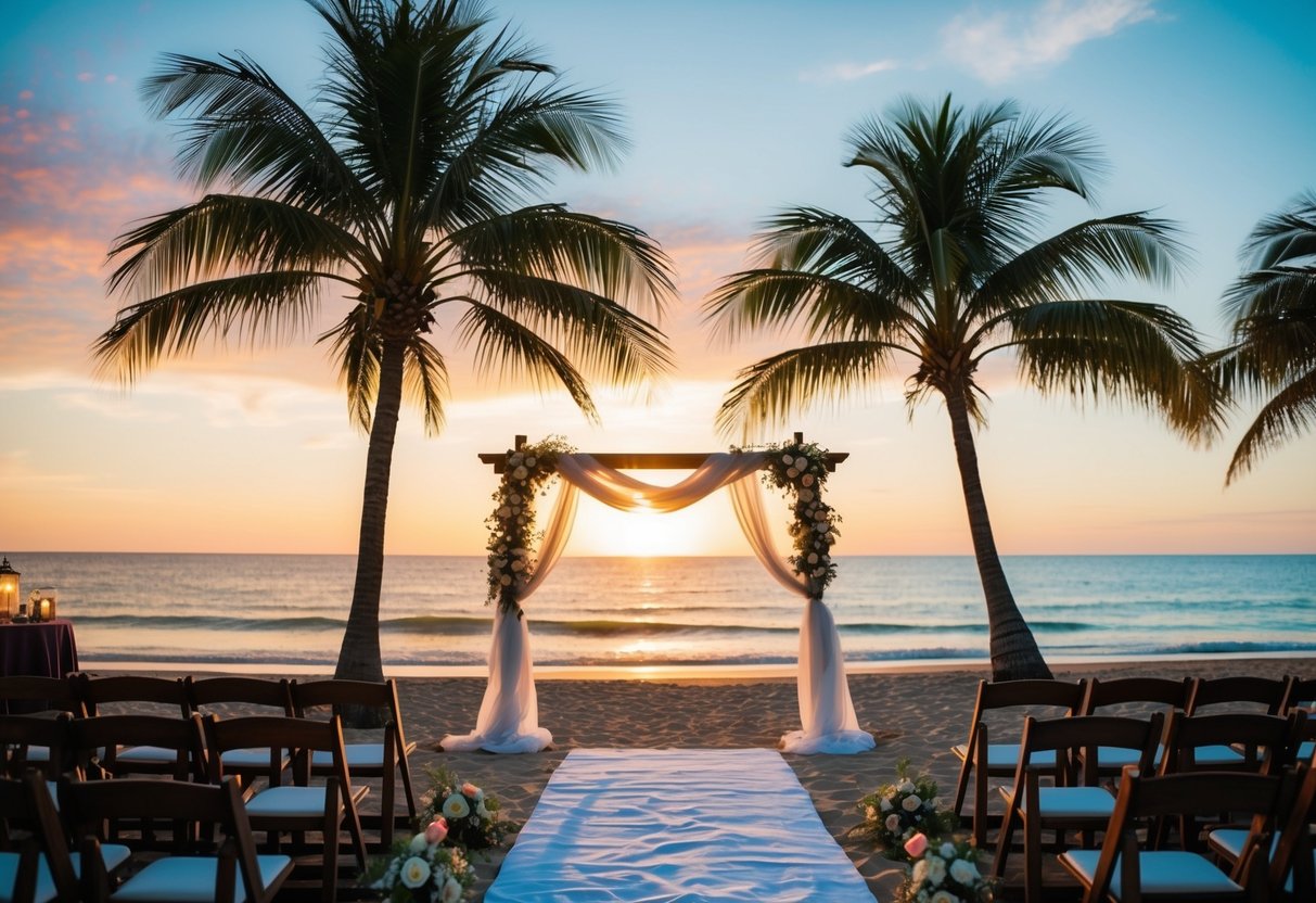 A beach with a colorful sunset, palm trees, and a wedding arch decorated with flowers and drapes
