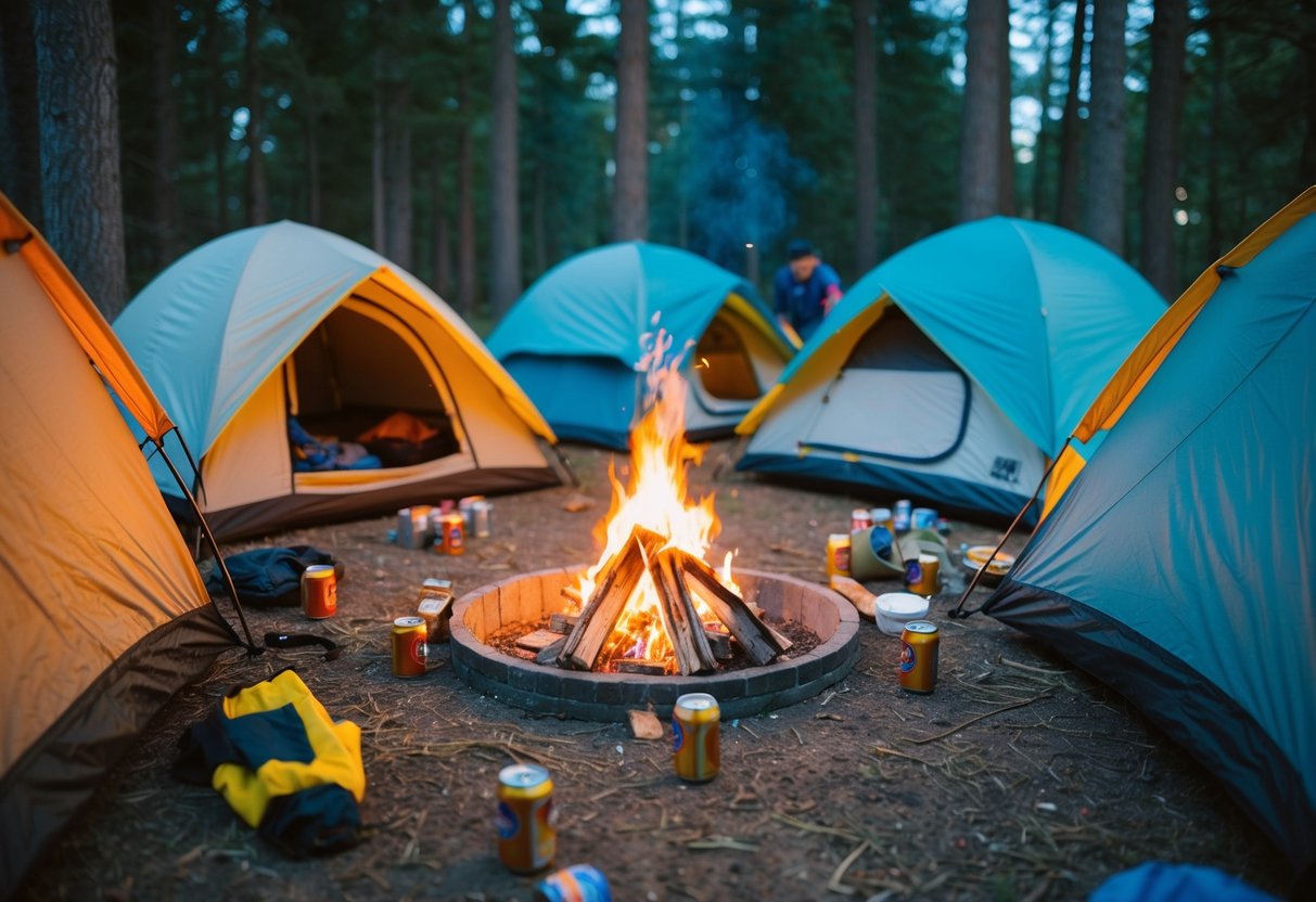 A group of tents pitched in a forest clearing, with a roaring campfire surrounded by empty beer cans and discarded camping gear