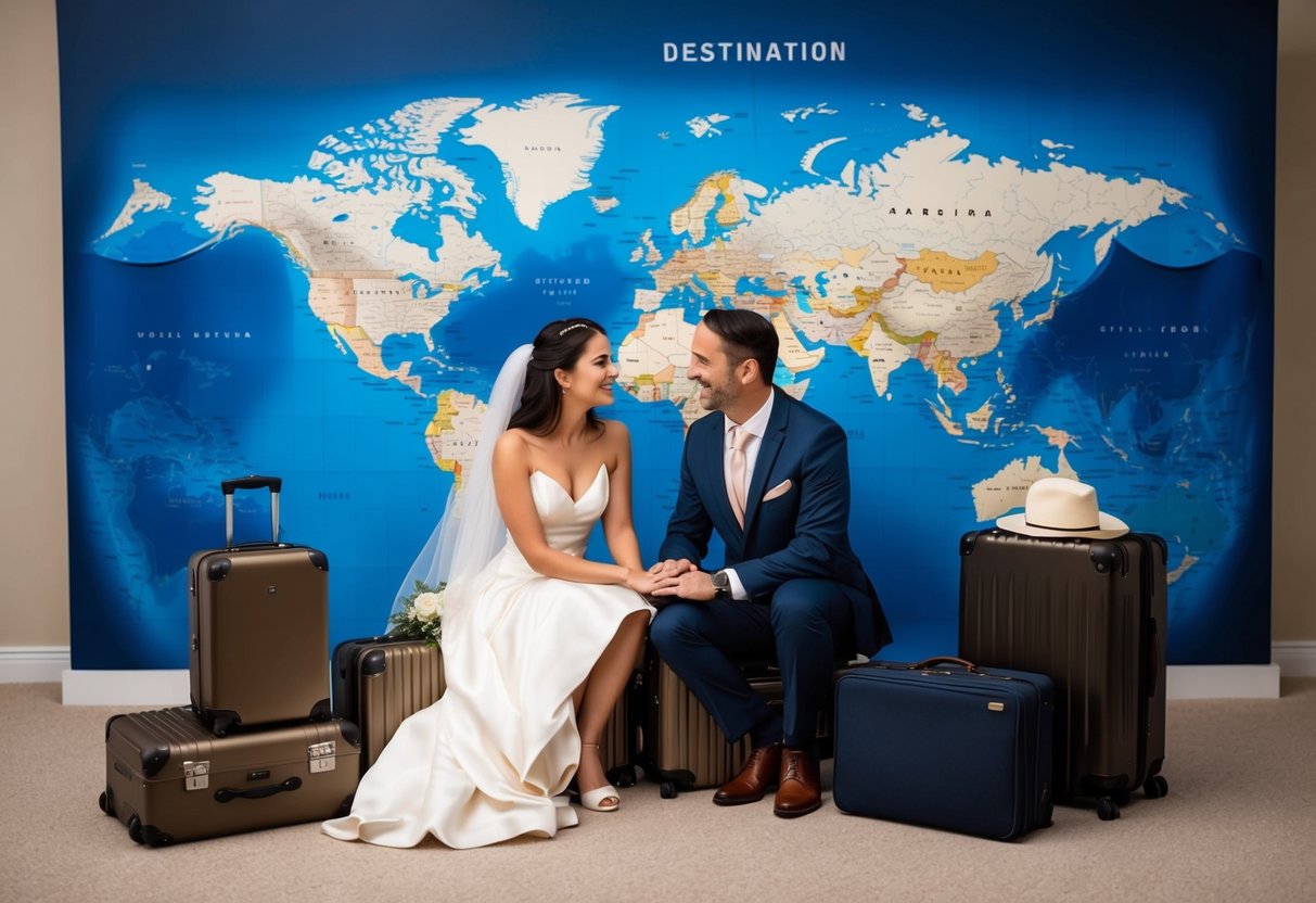A couple surrounded by suitcases and a world map, debating between a lavish or budget-friendly destination wedding