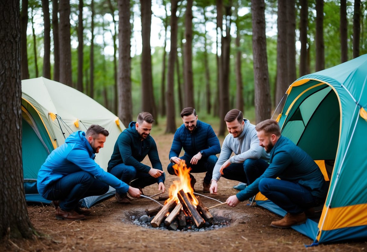 A group of men setting up tents and a campfire in the woods for a stag weekend