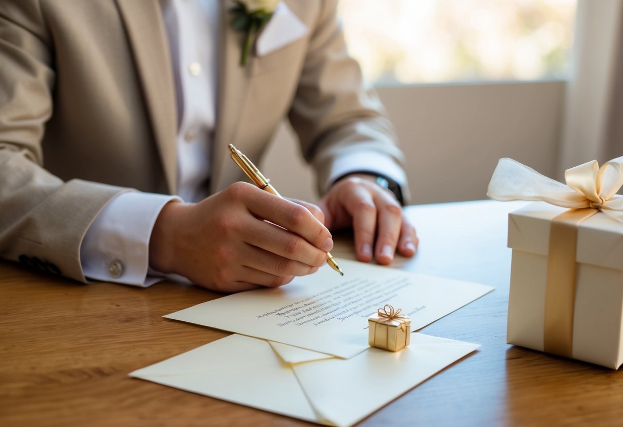 A person receiving a wedding invitation and writing a heartfelt letter declining the invitation with a thoughtful gift attached
