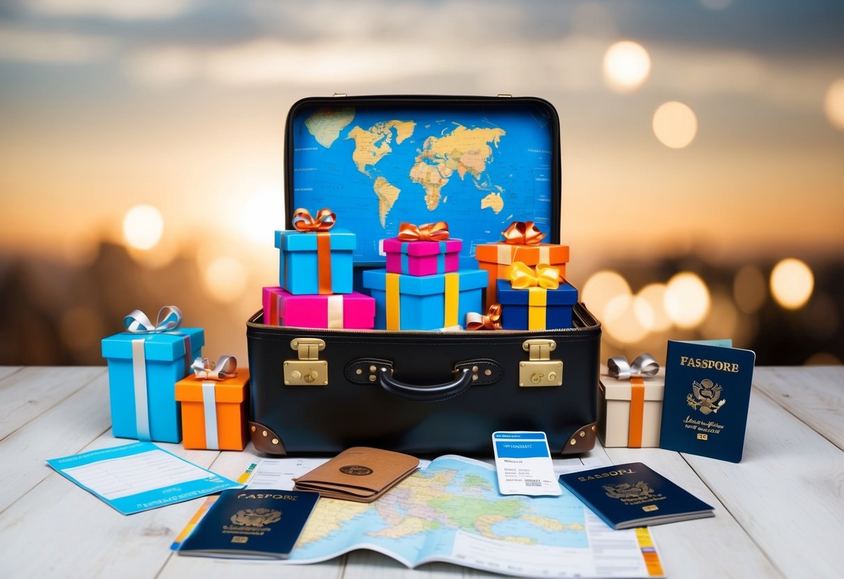 A suitcase filled with travel-themed gifts, surrounded by a map, passport, and plane tickets