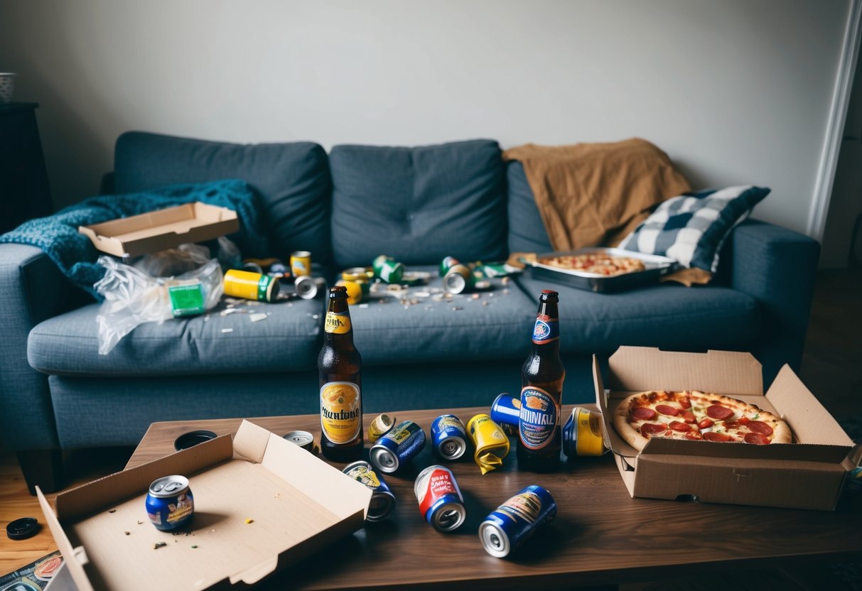 A messy living room with scattered beer cans, takeaway food containers, and a disheveled sofa. A half-opened pizza box and empty beer bottles on the coffee table