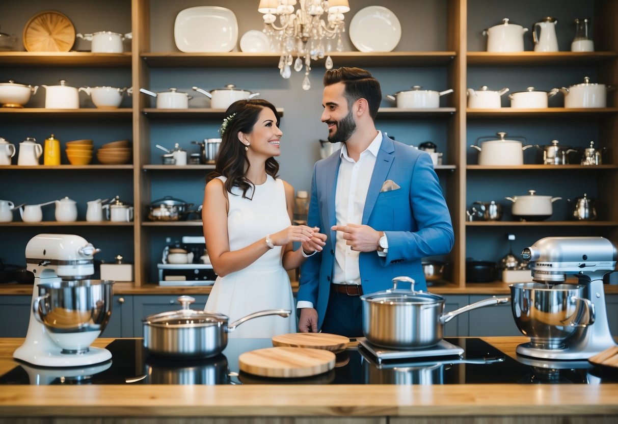 A couple stands in front of a display of kitchenware, debating the value of items for a destination wedding