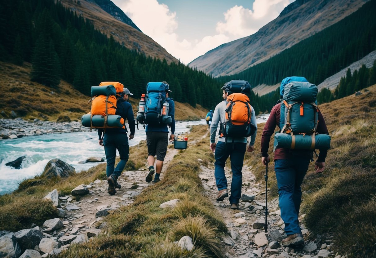 A group of friends navigate a rugged mountain trail, carrying camping gear and provisions for a stag weekend. They pass a rushing river and dense forest, seeking the perfect spot to set up camp