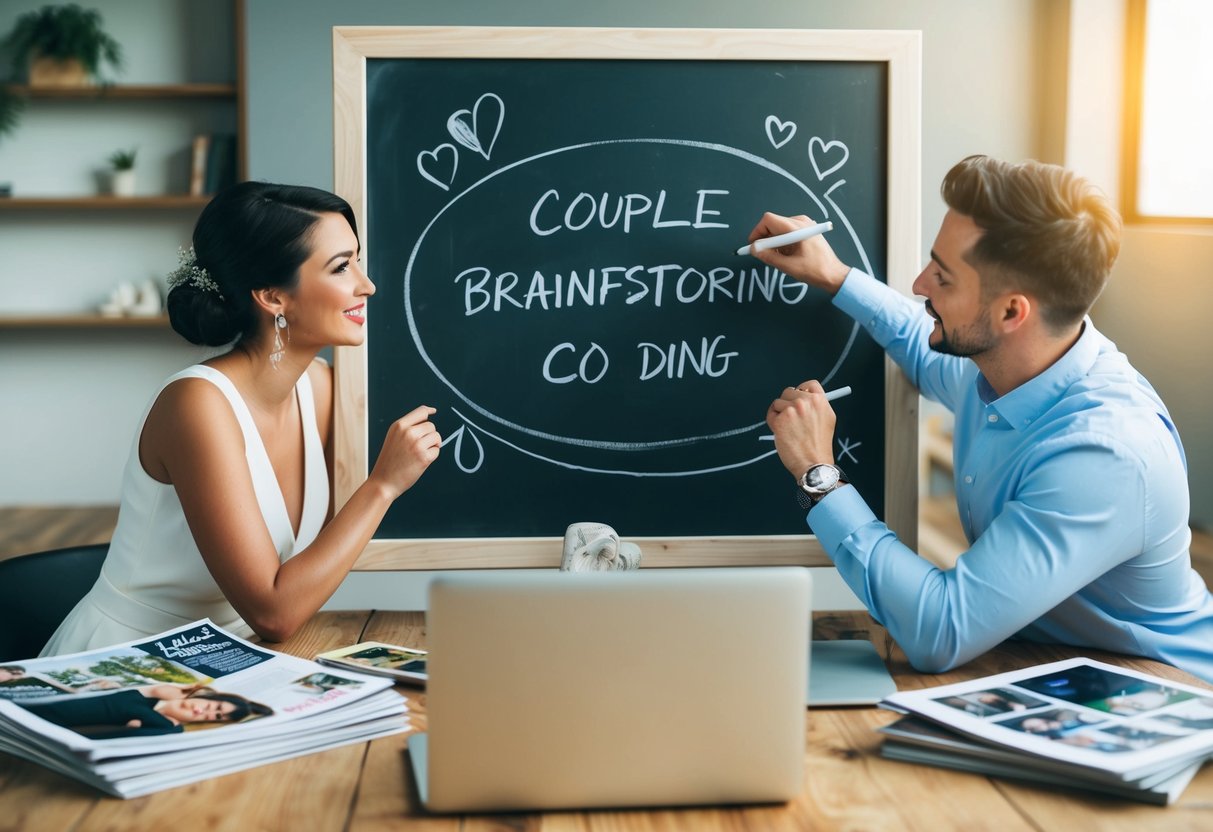A couple brainstorming with a chalkboard, surrounded by wedding magazines and a laptop